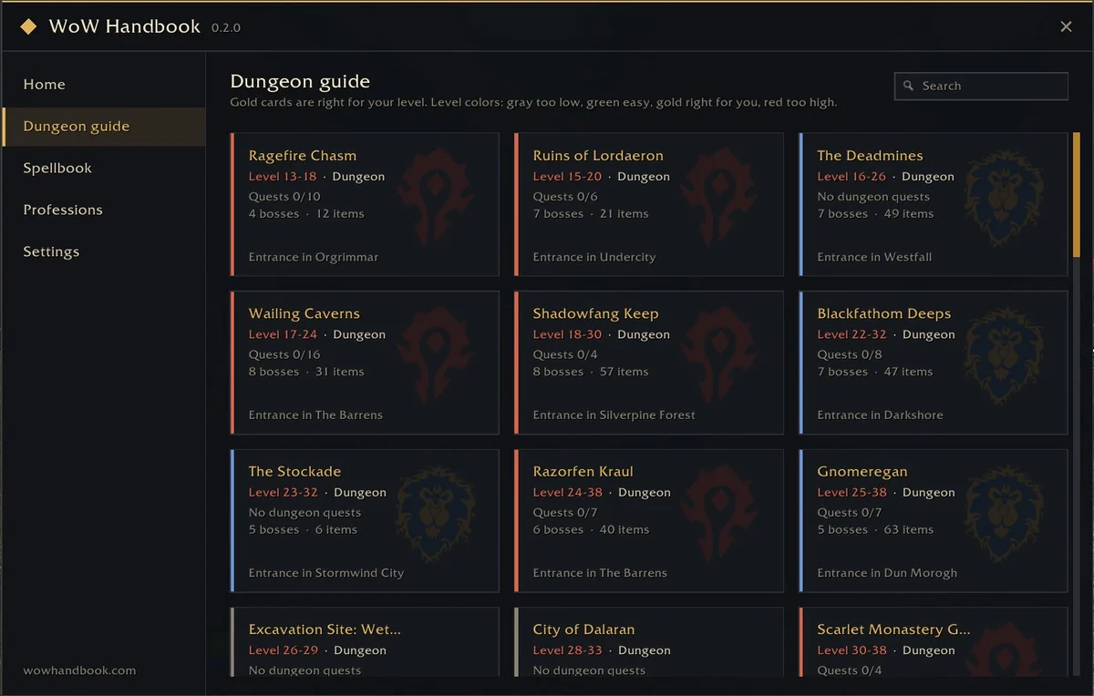 The dungeon guide: dungeon cards with level ranges, quest counts and entrances