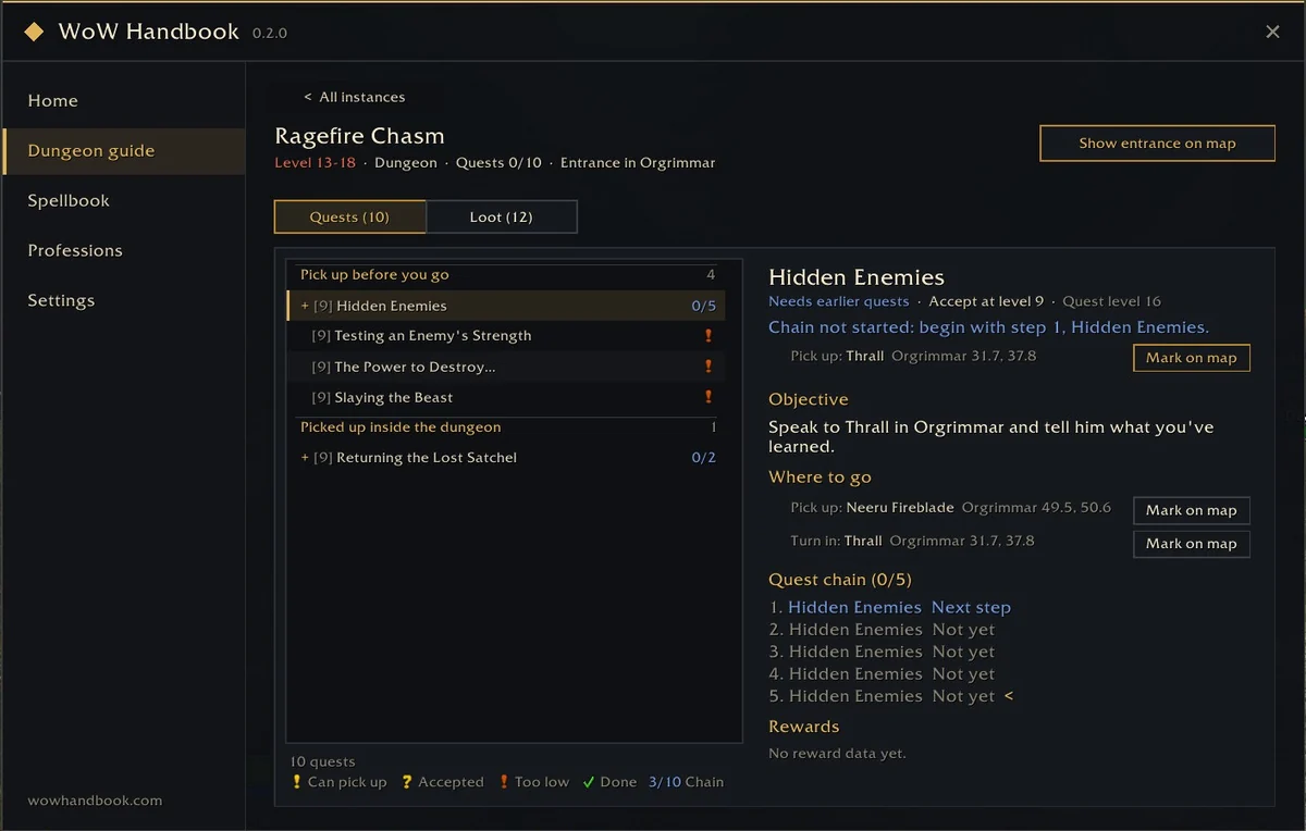 Ragefire Chasm quests: the quests to pick up before you go in, with the quest chain and map buttons