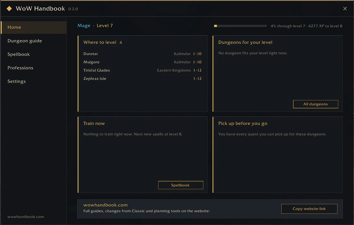 The WoW Handbook home page in game: where to level, dungeons for your level, spells to train and quests to pick up