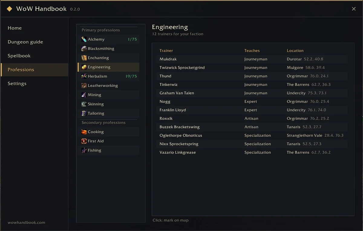 The professions page: Engineering trainers with the rank they teach and their location