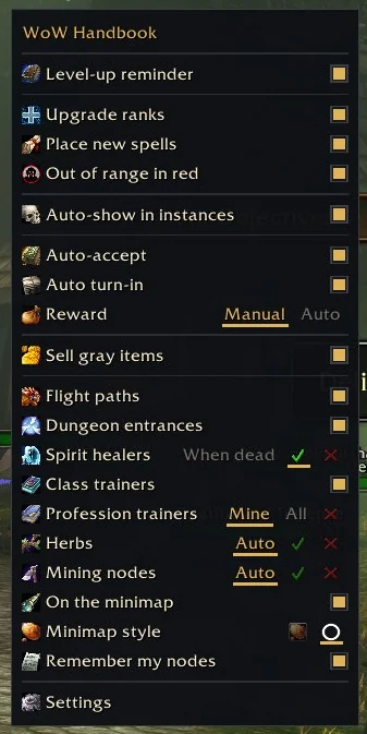 The quick settings menu opened from the minimap button