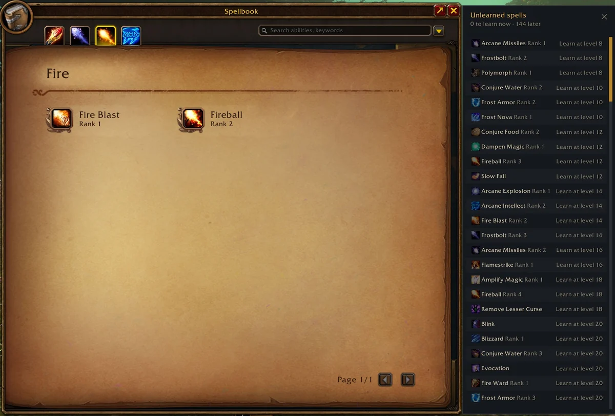 The unlearned spells panel beside the game spellbook, listing spells and the level to learn them