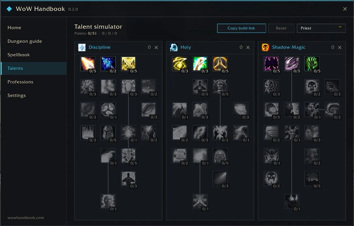 The talent simulator in game: the three Priest trees side by side with points per talent