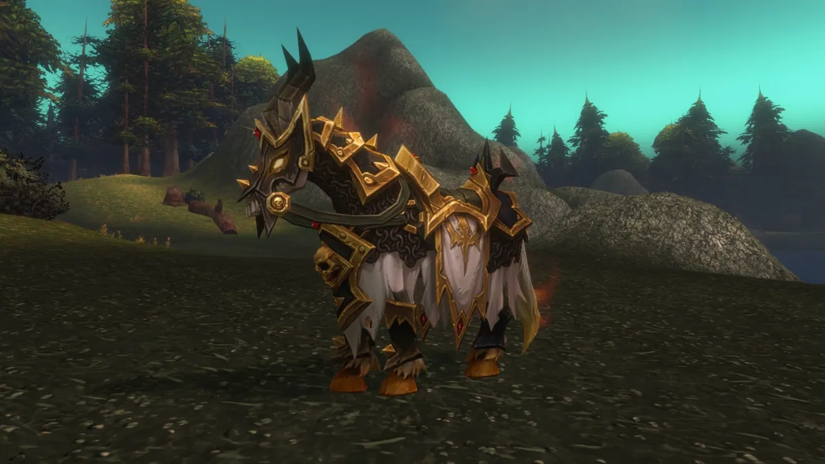 The skeletal Forsaken Paladin charger in gold-trimmed barding