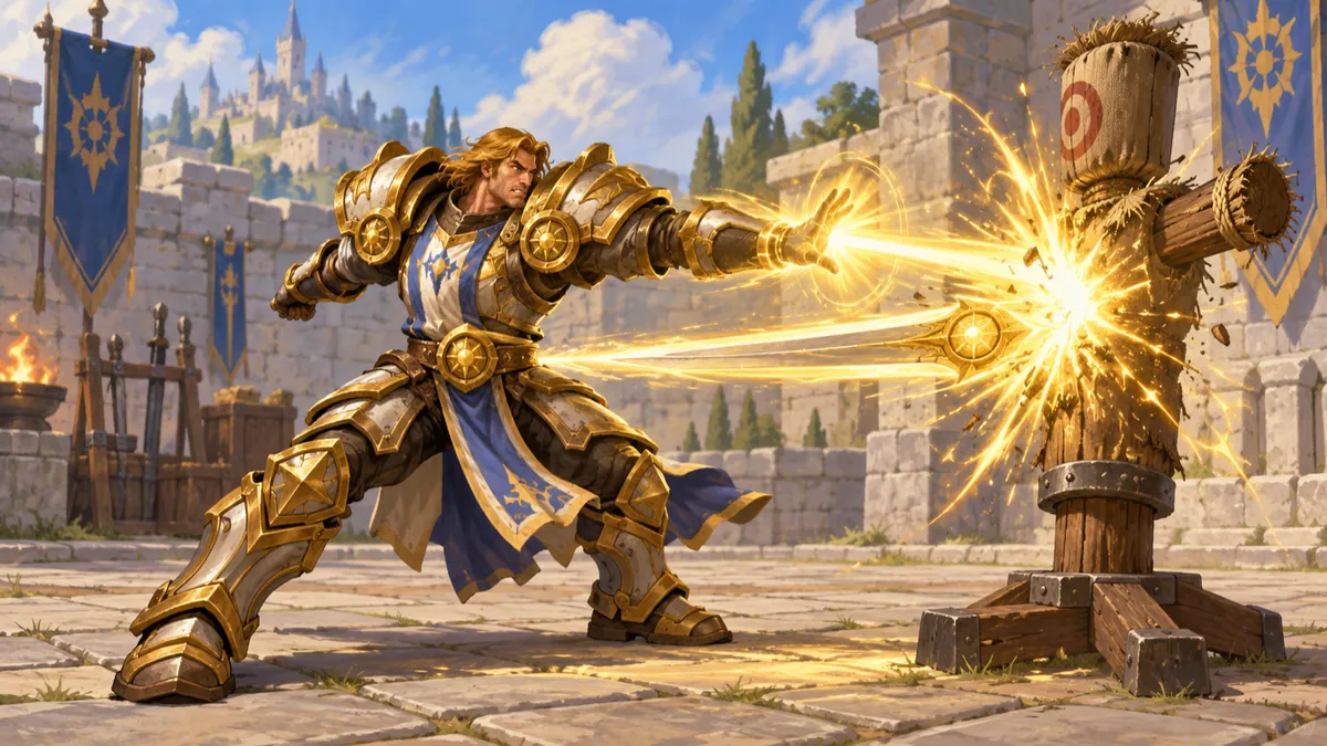 Illustration of a Paladin landing a sword strike and a Holy spell on the same training dummy