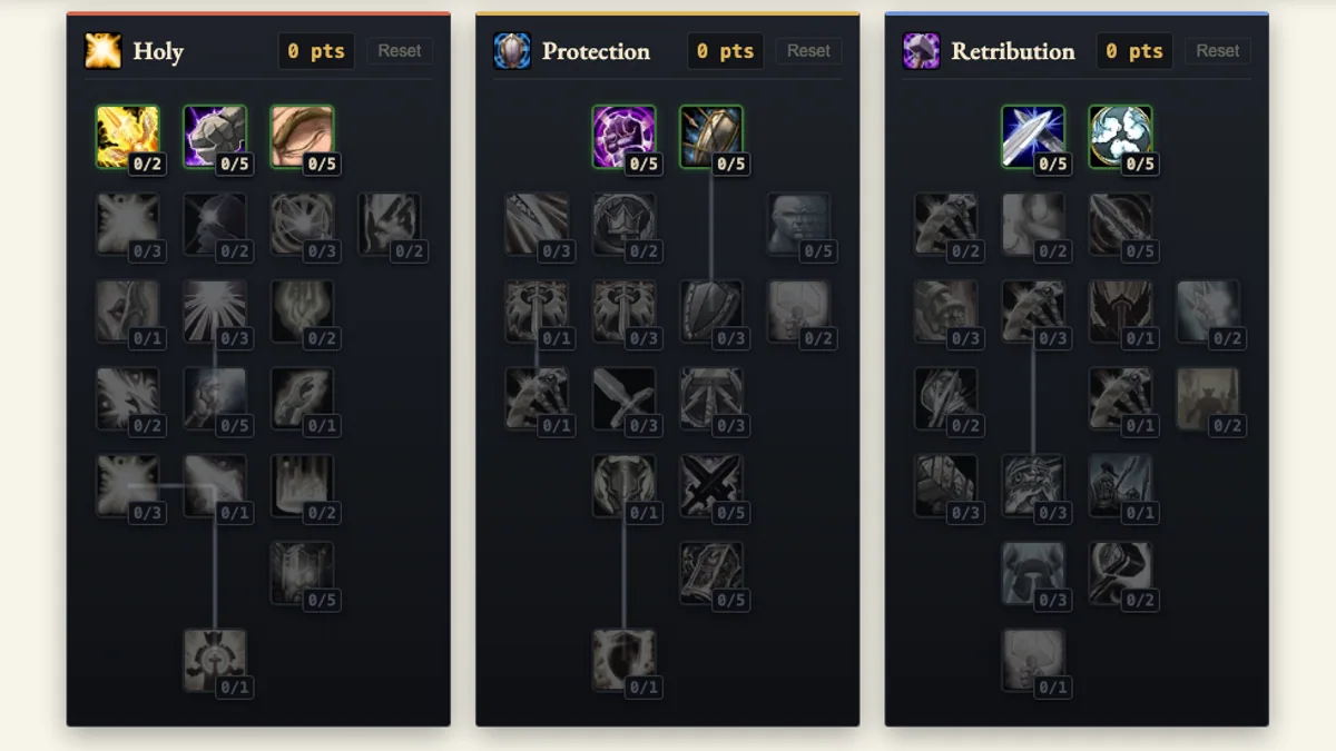 The WoW Handbook Paladin Talent Calculator showing the Holy, Protection, and Retribution trees side by side