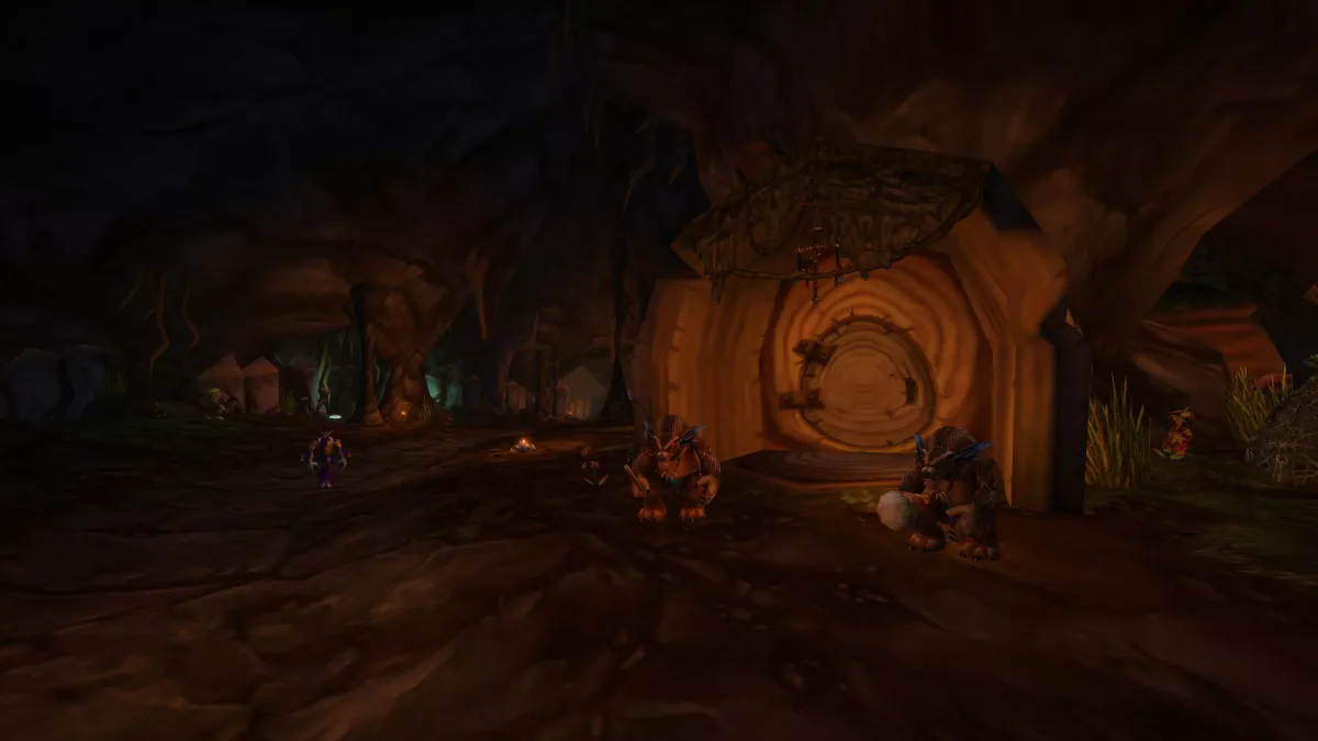 Furbolg guards before a carved wooden door deep inside Barrow Deeps