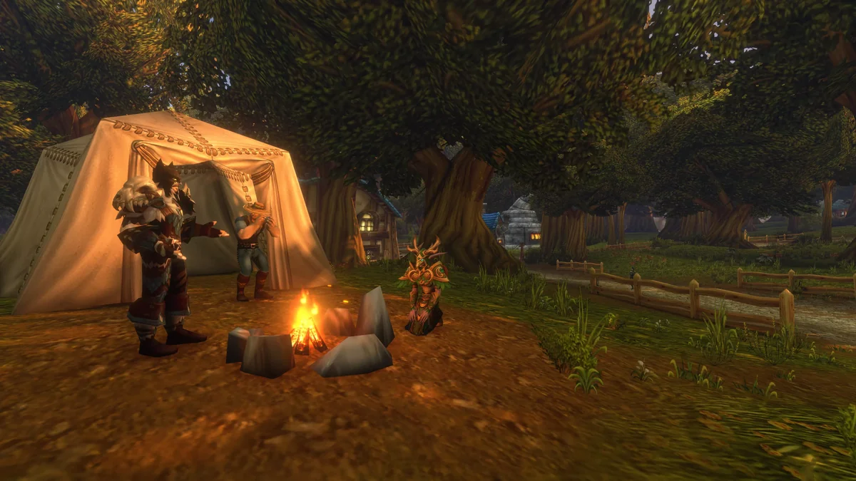 A party pitching camp in the forest