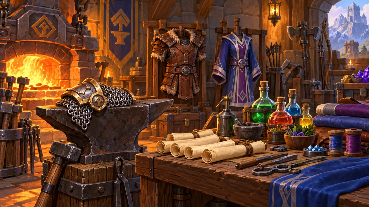 Illustration of a crafting workshop with forged armor, leather gear, cloth robes, and alchemy potions