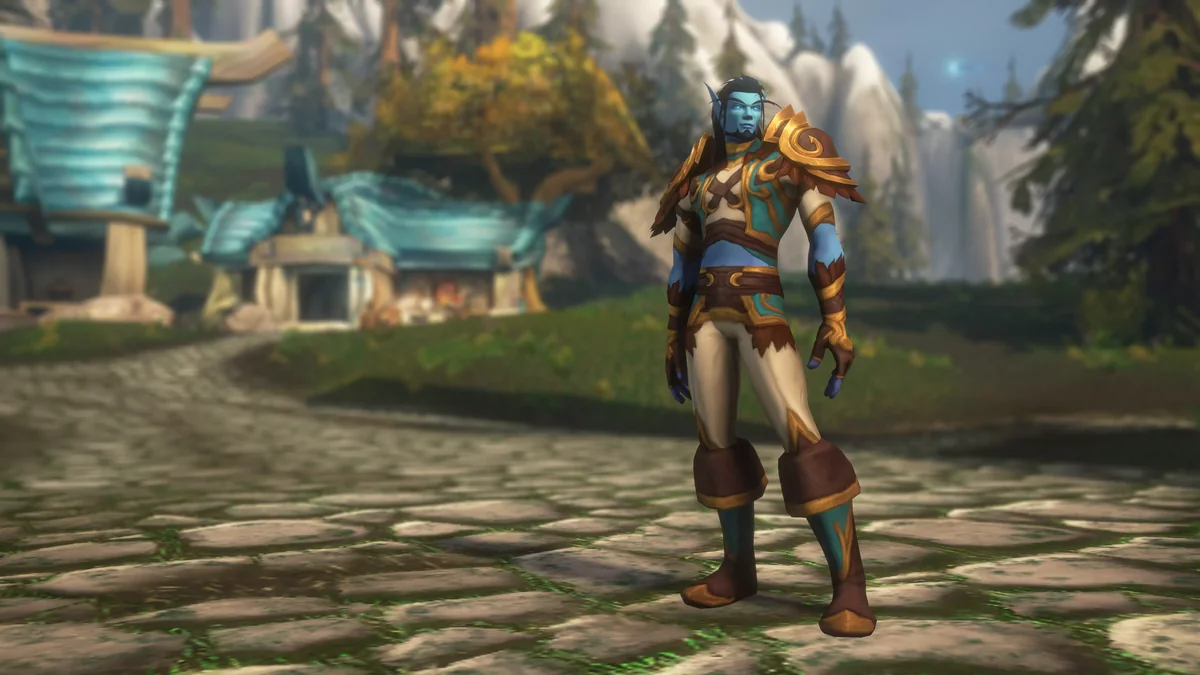 A Skyborne adventurer in gold-trimmed leather armor on Zephras Isle