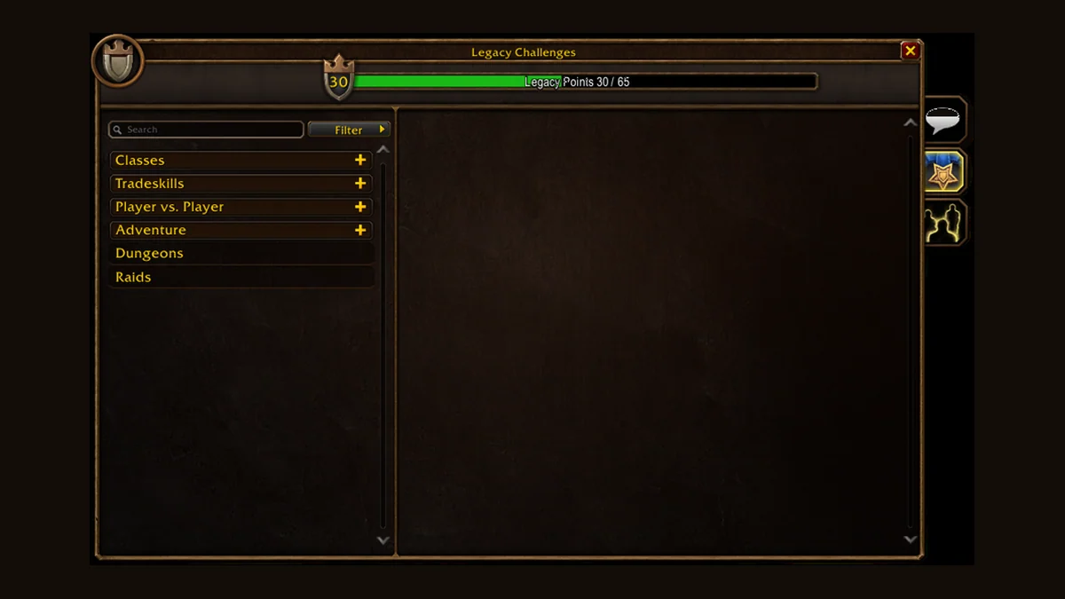 The Legacy Challenges panel showing a Legacy Points progress bar and challenge categories