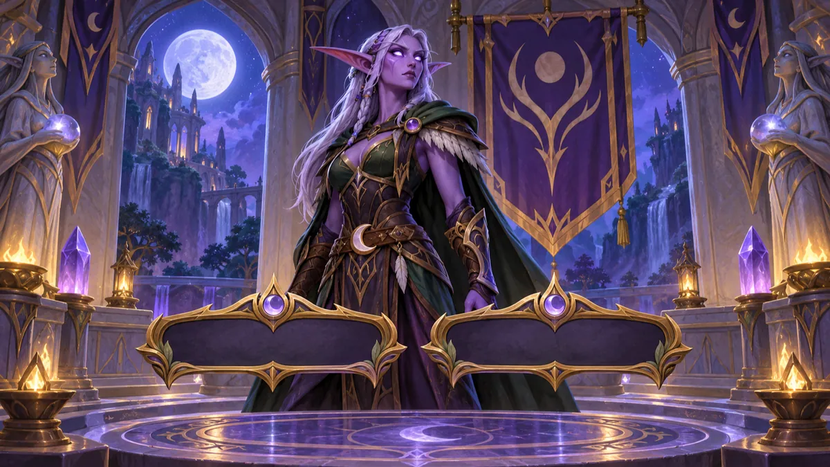 Illustration of a Night Elf adventurer beside two blank nameplates for a given name and a surname