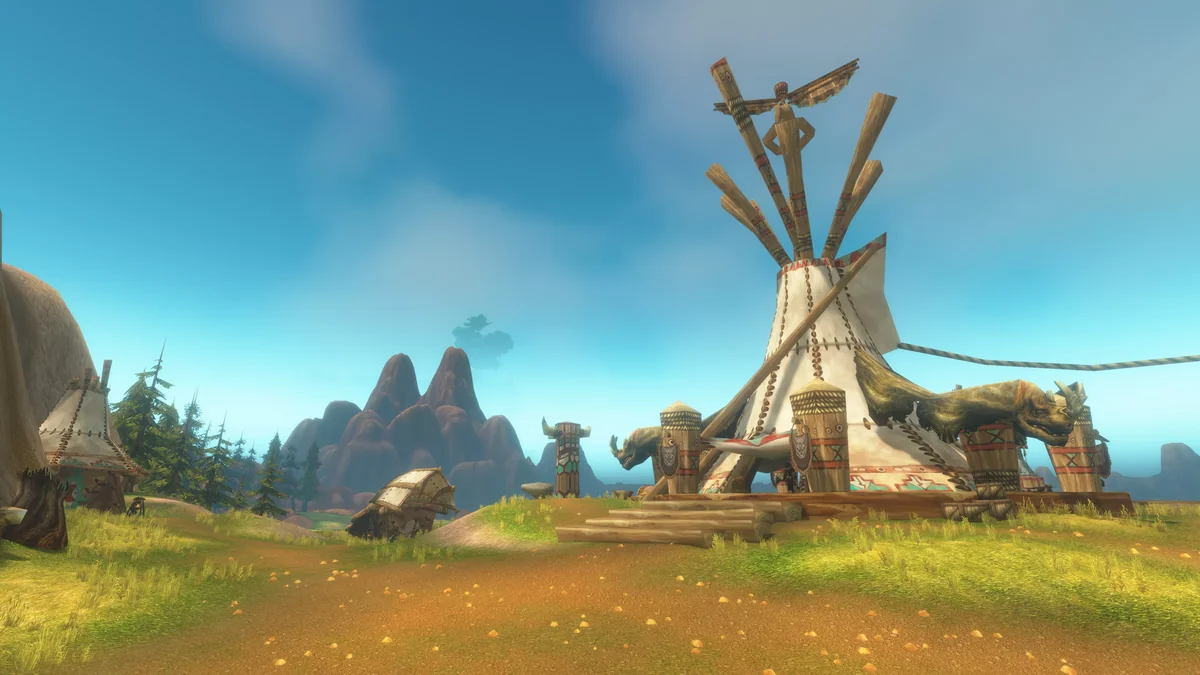 Tauren tents and carved totems on sunlit open plains