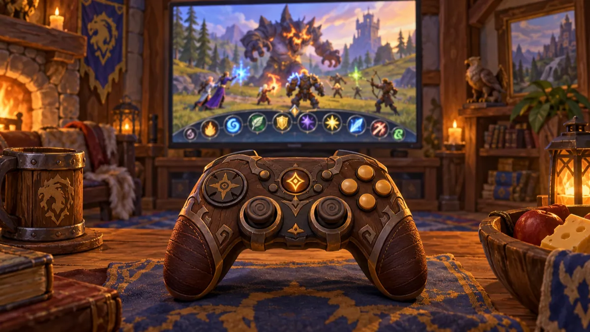Illustration of a game controller on a table in front of a fantasy MMO battle with an on-screen action bar