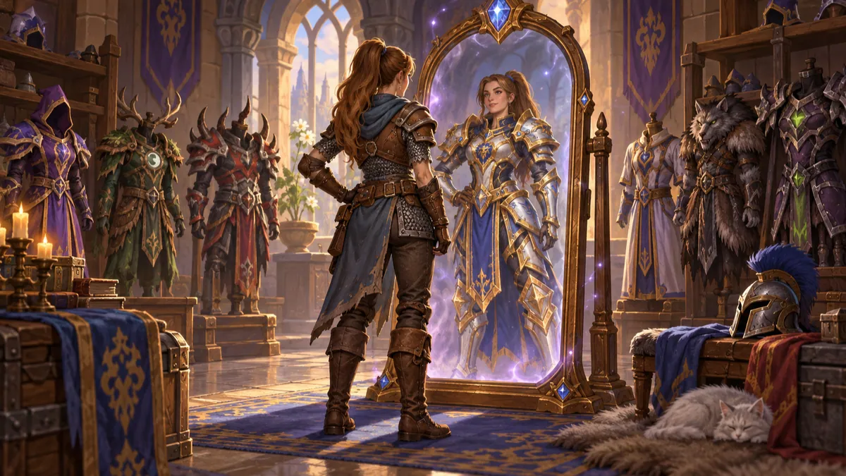 Illustration of an adventurer before a magic mirror that reflects a different suit of armor