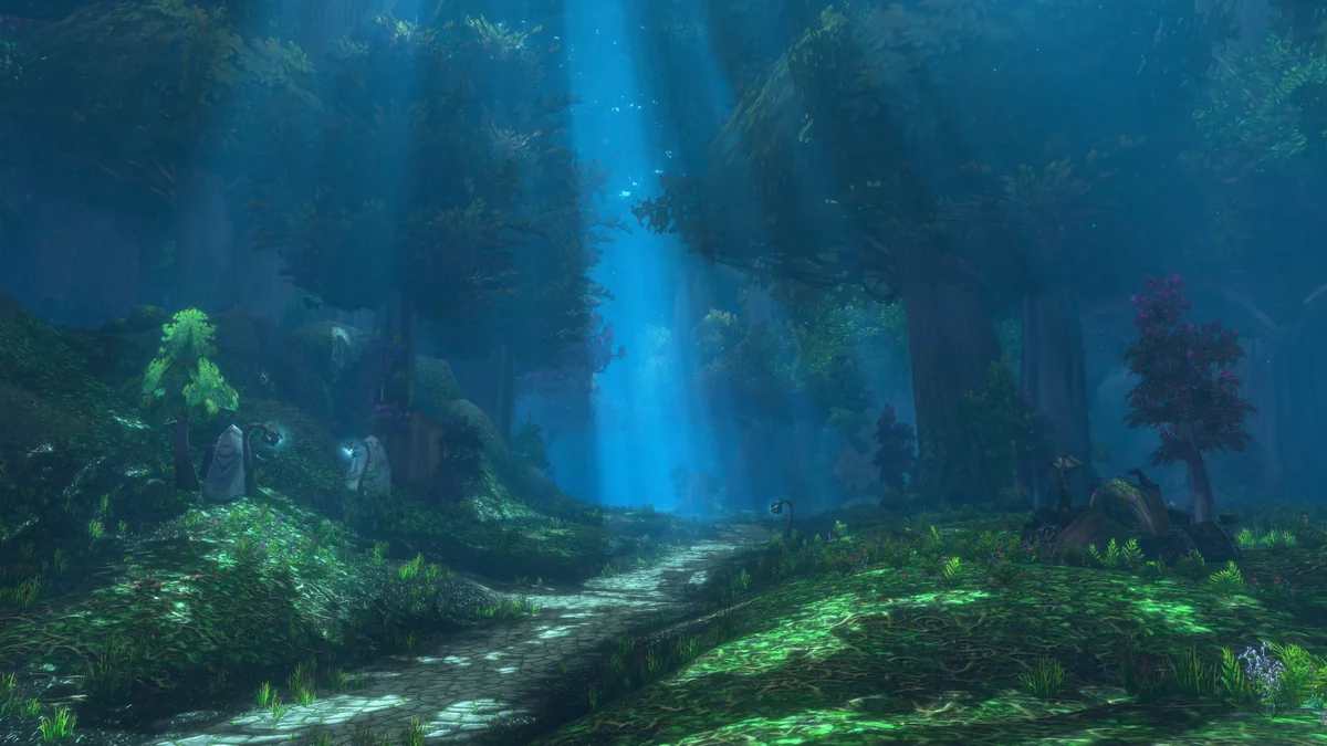 Sunbeams pouring through a misty forest under modern lighting