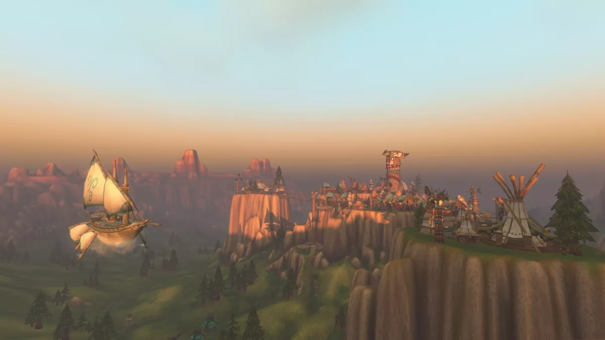 A goblin zeppelin drifting past Tauren tents and cliffs in expanded Mulgore