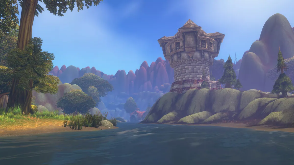 A stone watchtower on a rocky outcrop above a calm river in Riverglades