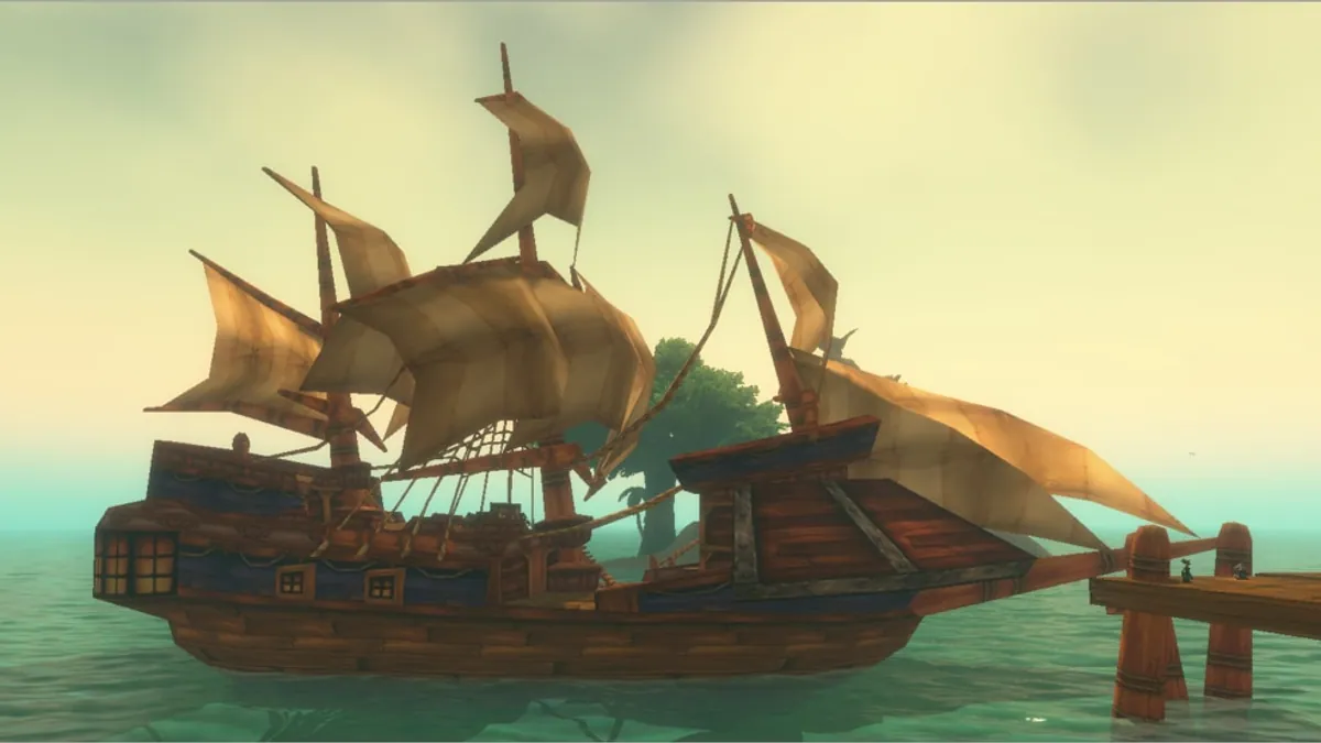 A sailing ship moored at a wooden dock on calm green water