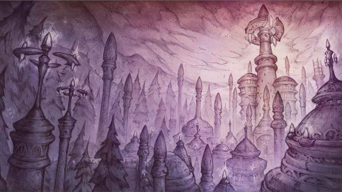 Pencil sketch of the spires of Dalaran in violet, from the WoW Forever loading screen