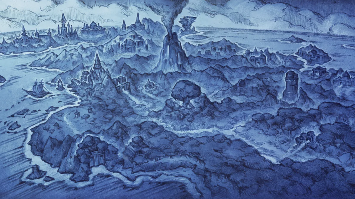 Sketch of the Eastern Kingdoms coastline and mountains in blue ink, from the WoW Forever loading screen
