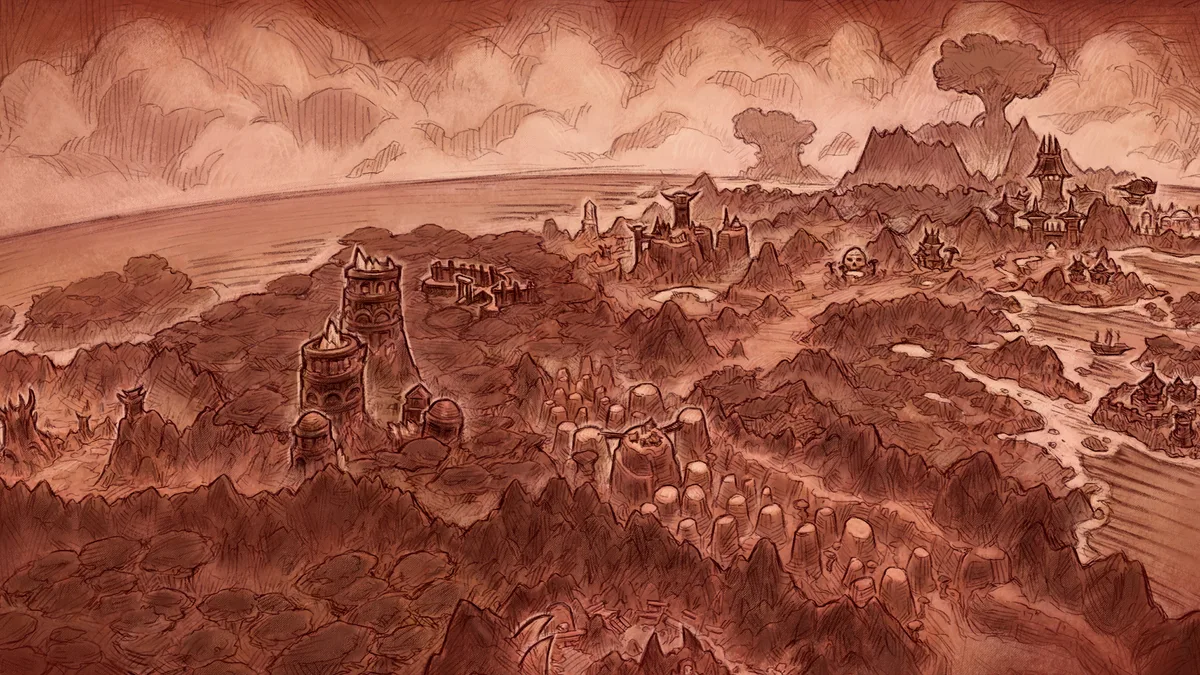 Sketch of Kalimdor with its towers and ports in red ink, from the WoW Forever loading screen