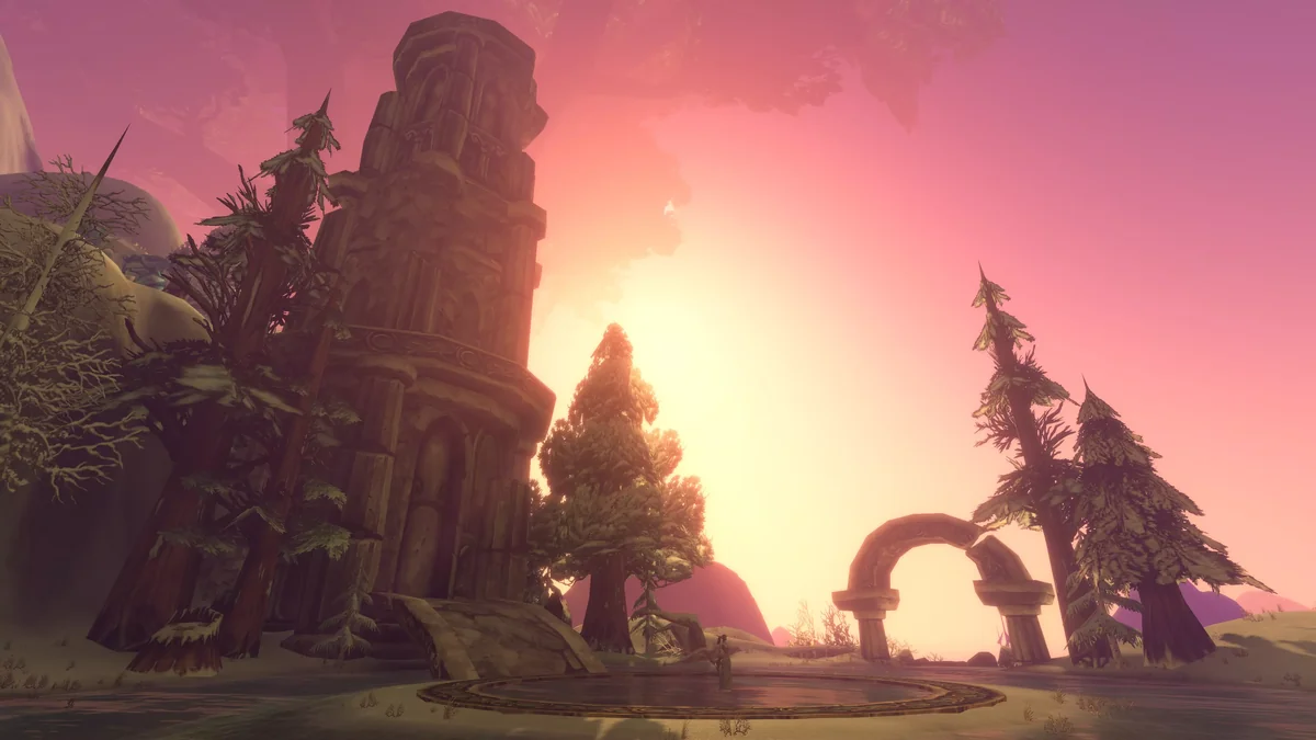 The peaks of Mount Hyjal under a violet sky