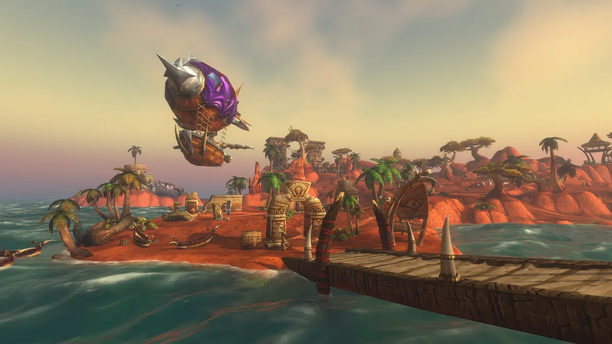 A goblin zeppelin flying over a sunlit tropical coast