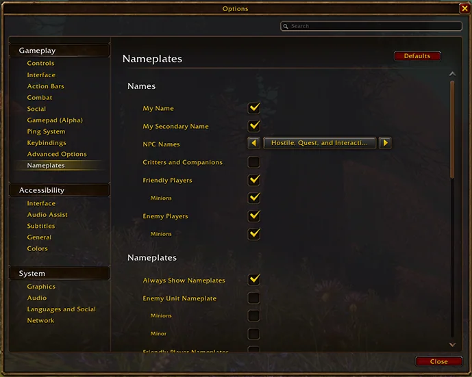 The Nameplates page of the Options menu, with My Name and My Secondary Name checked under Names