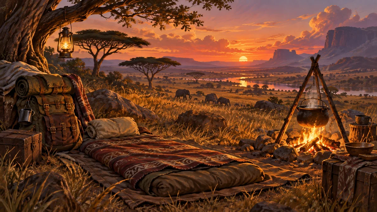 A bedroll laid out beside a crackling campfire on open savanna at dusk, with a backpack, lantern and cooking pot