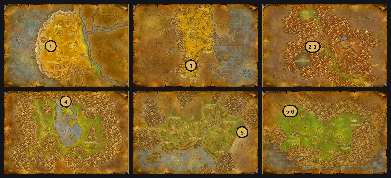 Six zone maps with numbered pins: Westfall and The Barrens (1), Stonetalon Mountains (2 and 3), Loch Modan (4), Hillsbrad Foothills (5) and Arathi Highlands (5 and 6)
