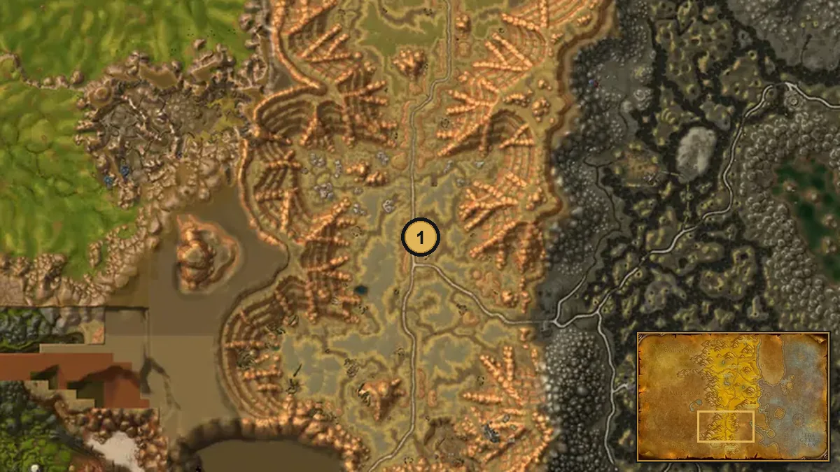 The Barrens terrain map with pin 1 on the burnt tower south of Camp Taurajo