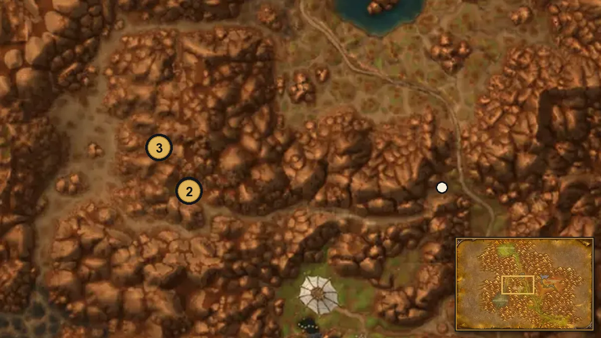 Stonetalon Mountains terrain map with a white waypoint at the path entrance, pin 2 at the abandoned camp and pin 3 at the Mound of Dirt just north of it