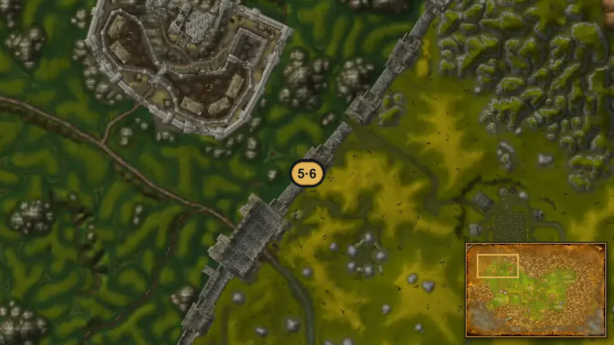 Arathi Highlands terrain map with pin 5 and 6 on Thoradin's Wall, west of Stromgarde