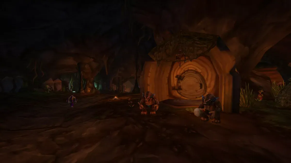 Furbolg guards before a carved wooden door deep inside Barrow Deeps