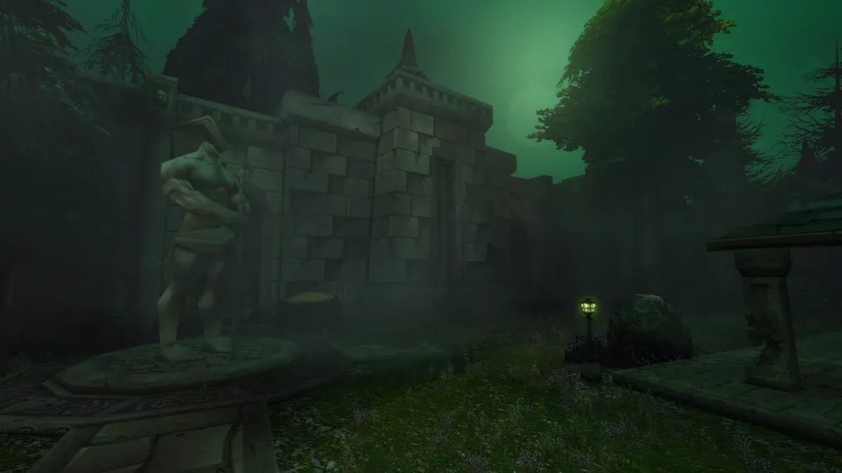 Fog-shrouded stone walls and a weathered statue in the Ruins of Lordaeron dungeon