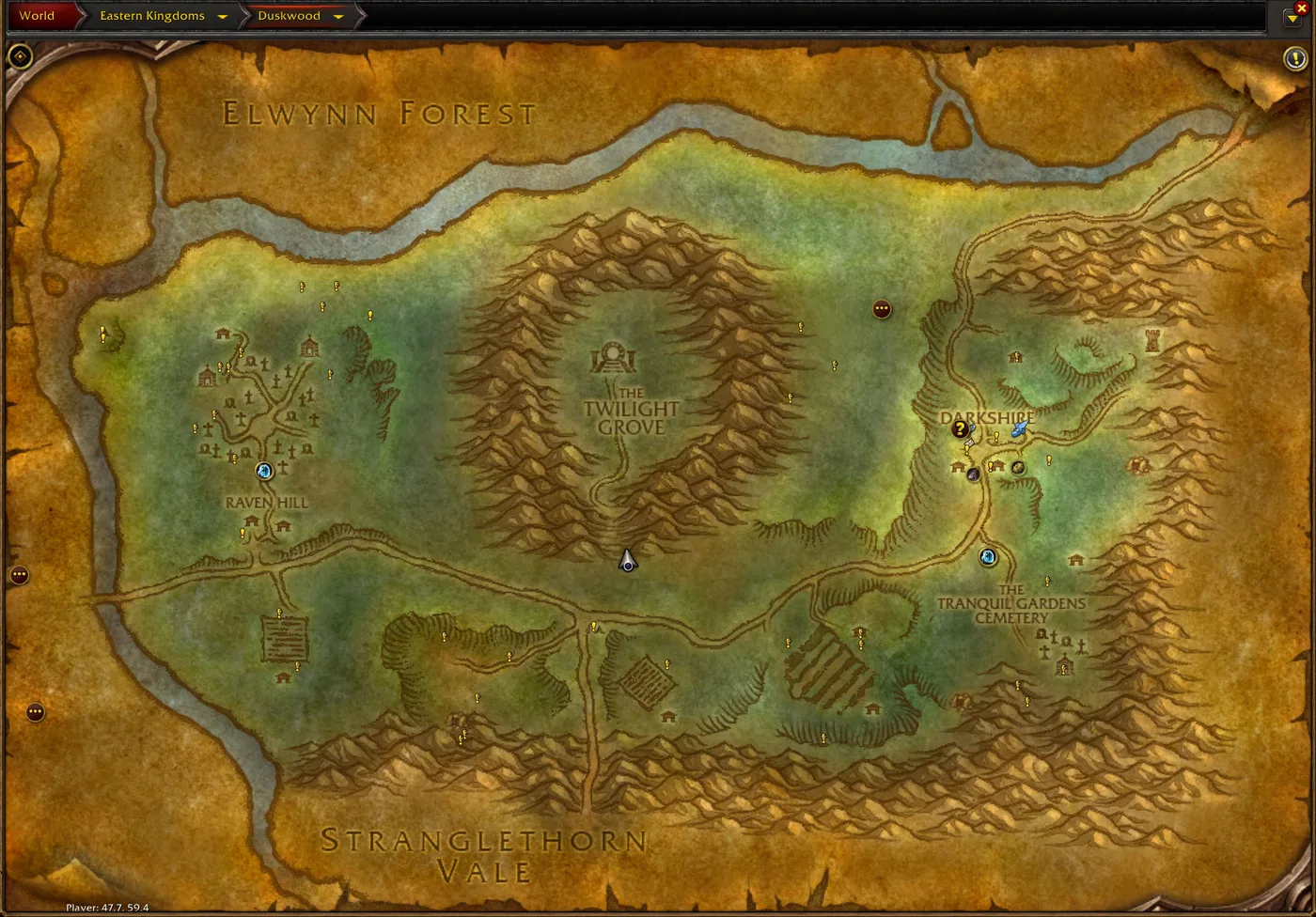 The Duskwood world map with the player marker on the main road south of the Twilight Grove, at 47.7, 59.4