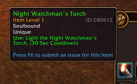 Item tooltip for the Night Watchman's Torch: Soulbound, Unique, Use: Light the Night Watchman's Torch, 30 second cooldown