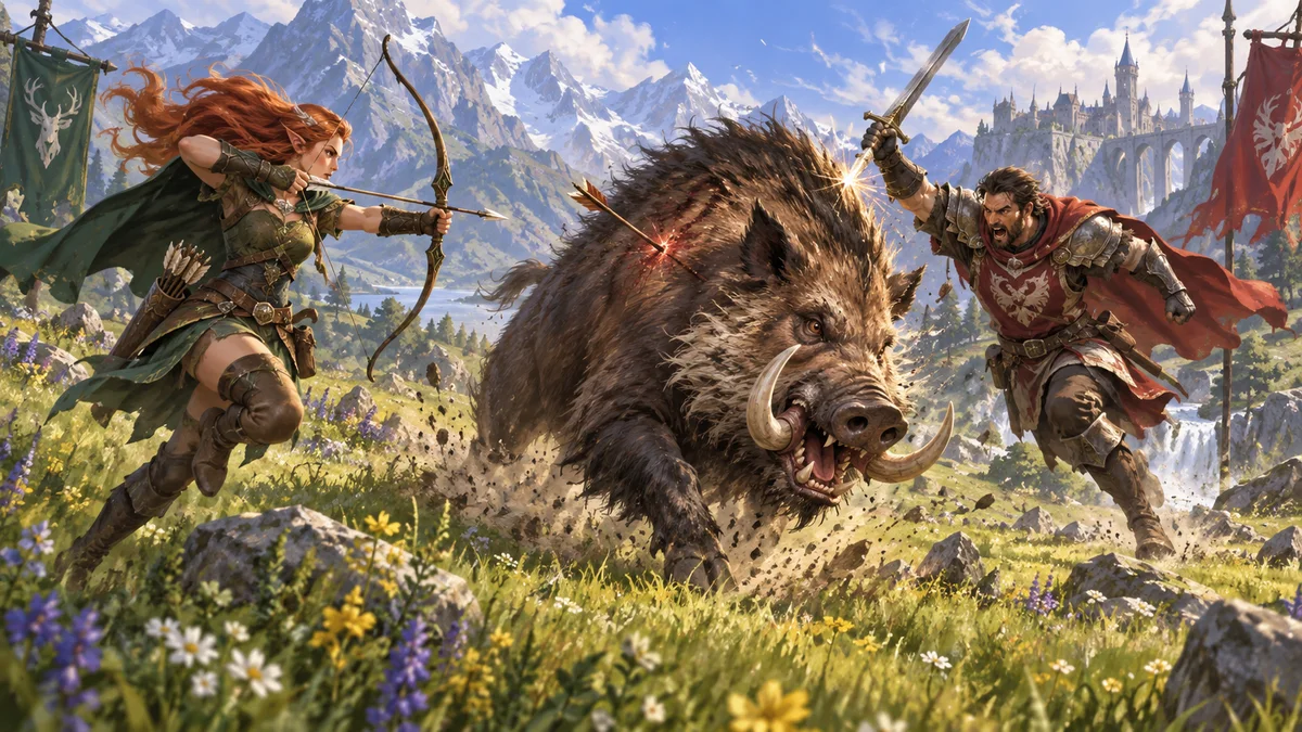 Two rival adventurers race across a meadow to strike the same charging boar, an archer and a swordsman