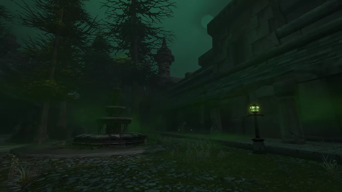 A dry stone fountain in a fog-choked courtyard of the Ruins of Lordaeron under a green night sky