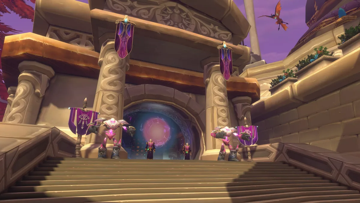 Robed mages and arcane golems guarding a glowing portal at the top of a wide staircase in Dalaran
