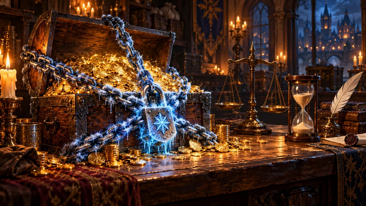 A painted chest of gold coins wrapped in frost-covered chains and a glowing padlock, beside a brass scale and an hourglass