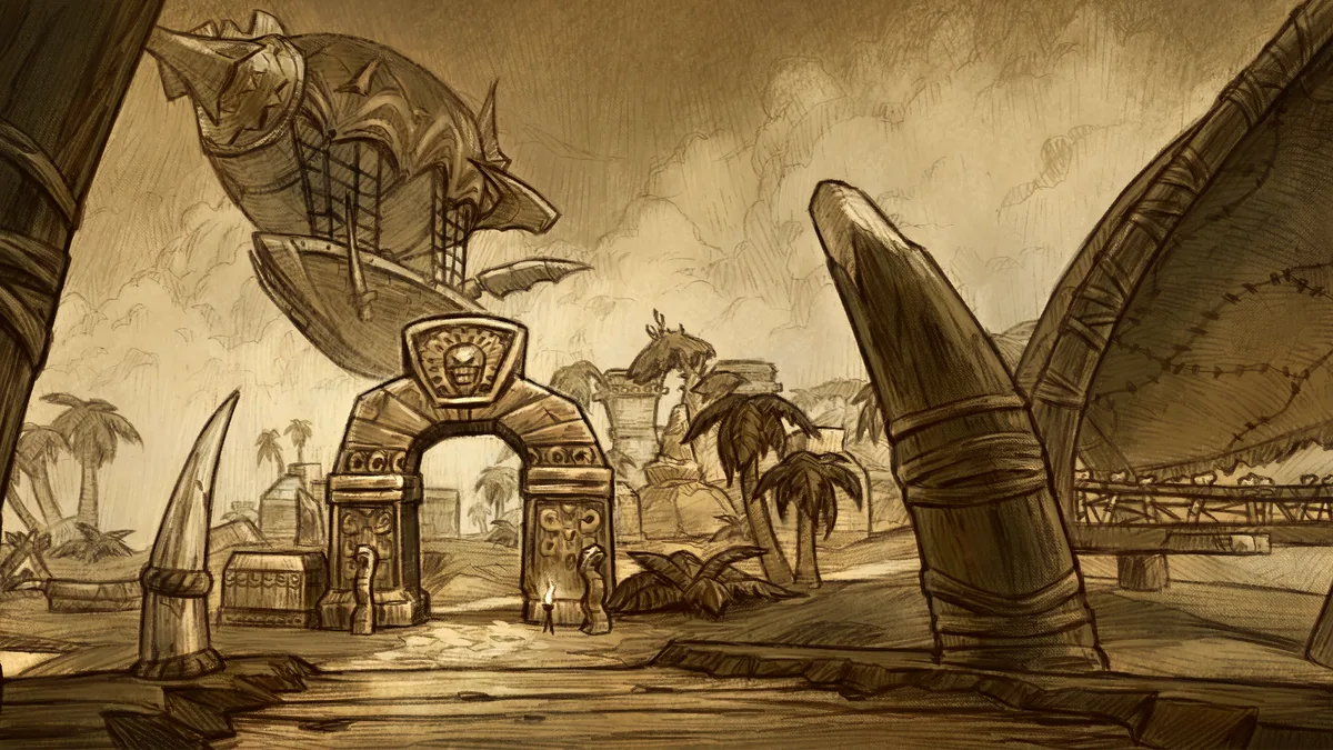 A Darkspear gate, carved tusks, and a goblin zeppelin on the Darkspear Islands, from the in-game loading screen