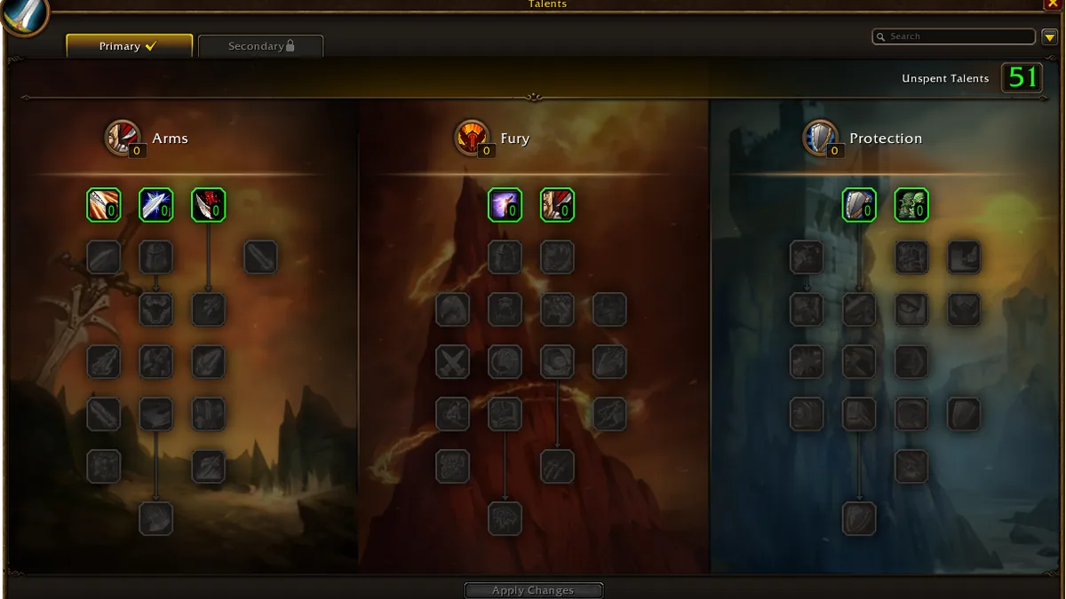 The WoW Forever Warrior talent window showing the Arms, Fury, and Protection trees
