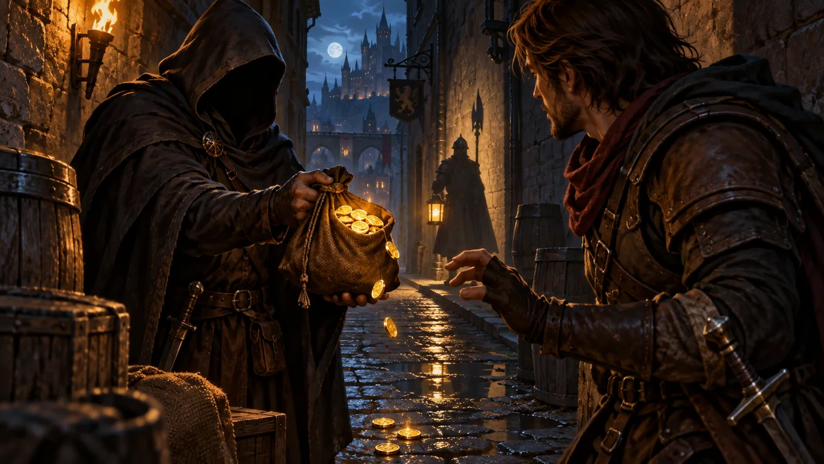 In a torchlit alley at night, a hooded trader offers a glowing sack of gold to an adventurer while a guard with a lantern watches