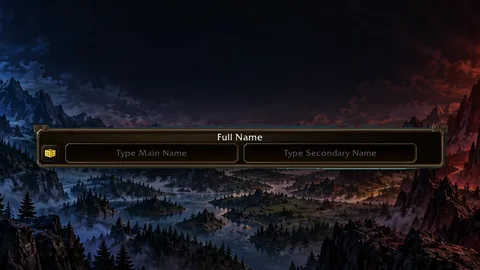The Full Name box from Forever's character creation screen, with main and secondary name fields, over a twilight landscape split between blue and red skies
