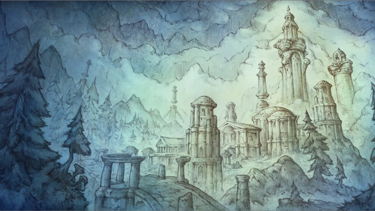 Pale towers of the Skyborne rising above pine forest on Zephras Isle, from the in-game loading screen