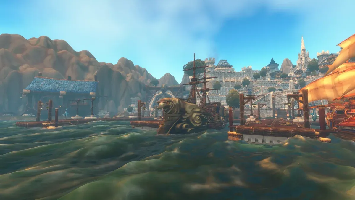 Stormwind Harbor water rendered with modern reflections and lighting
