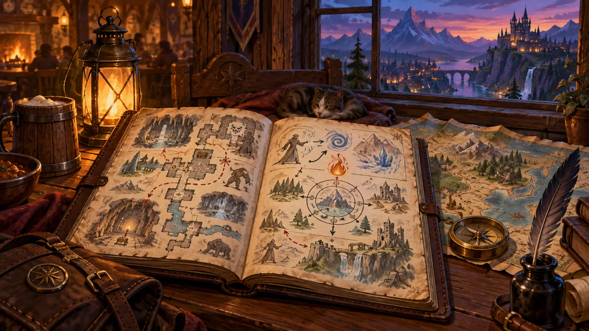 An open handbook of hand-drawn dungeon maps and spell sketches on an inn table, beside a world map, lantern, compass and quill