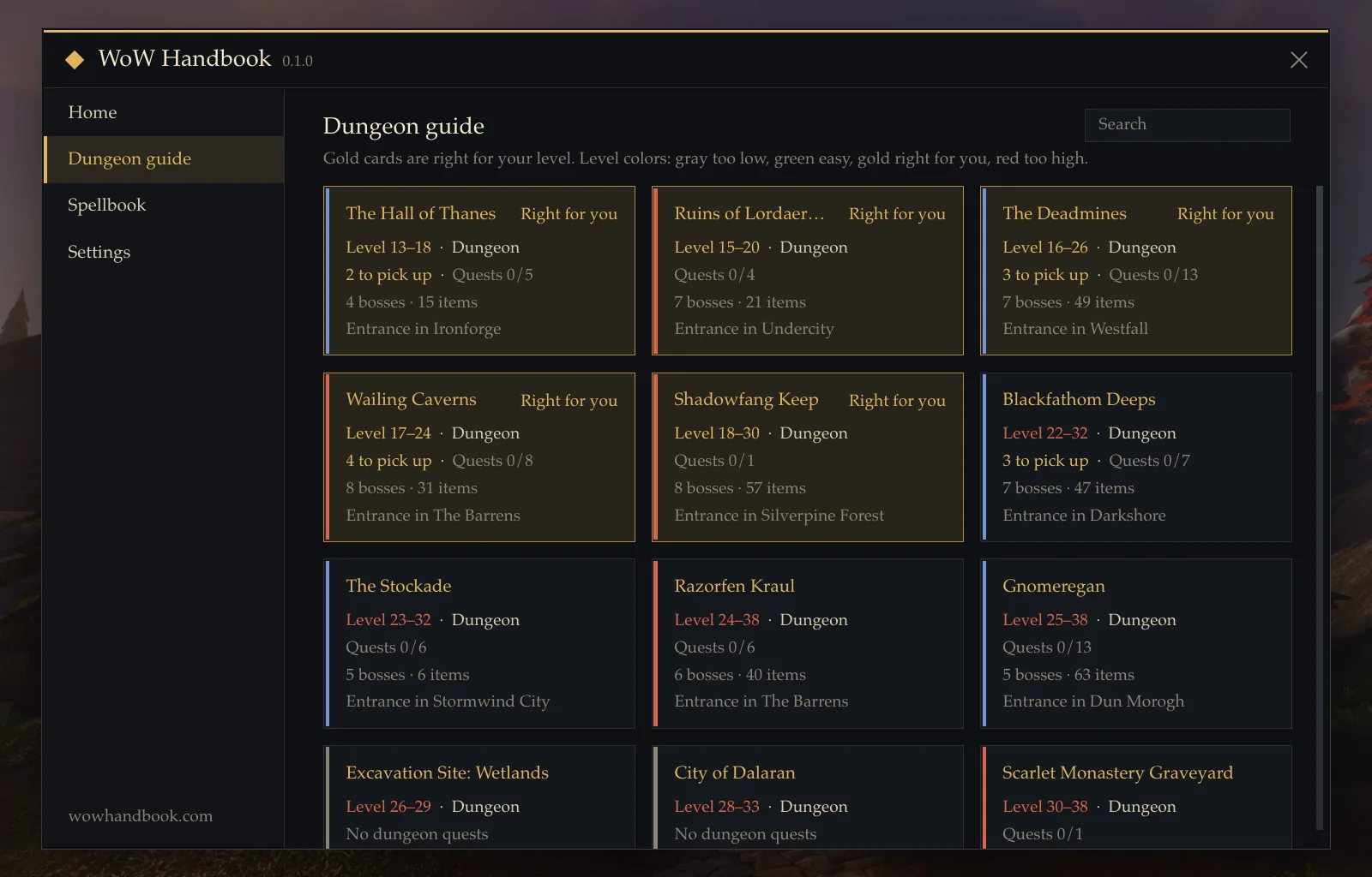 The dungeon guide: a grid of dungeon cards with level ranges, quest counts and entrance zones; suitable dungeons are highlighted in gold